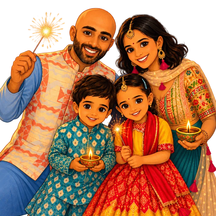 The original cartoon of the Chawla family together, holding diyas and sparklers.